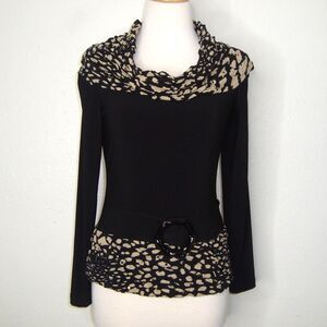 Joseph Ribkoff Women's Stretch Knit Top Black Brown Sequin Buckle Size 10